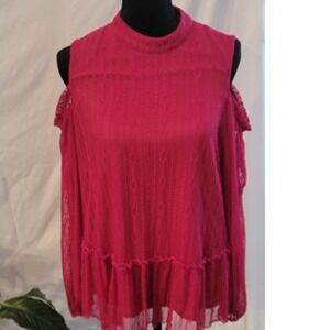 Ro & De‎ Women Magenta Pink Lace Cold Shoulder Mock Neck Ruffle Blouse Large